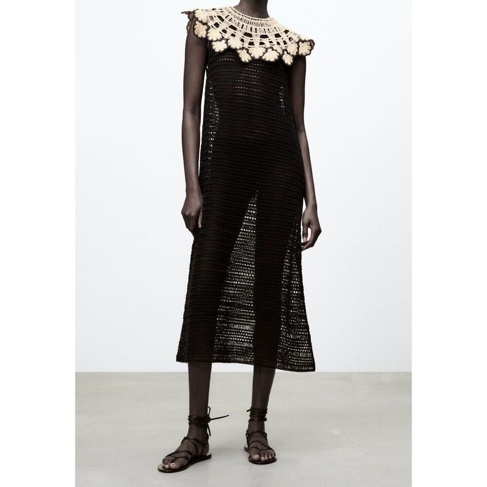 Black Beige Zara Crochet Open Knit Embroidered Peter Pan Collar Midi Dress (NWT)